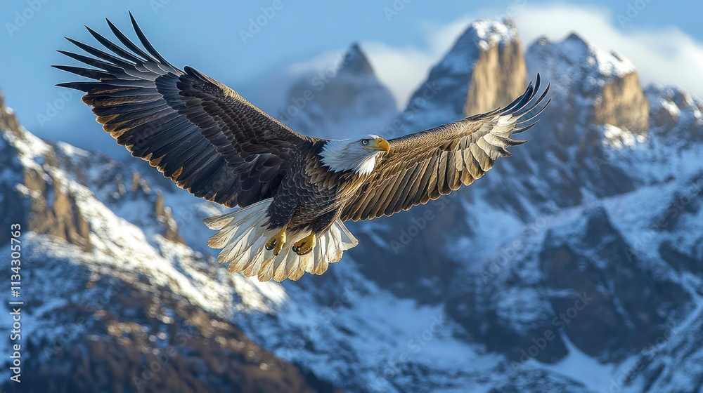 Obraz premium Bald eagle soaring over snow capped mountains