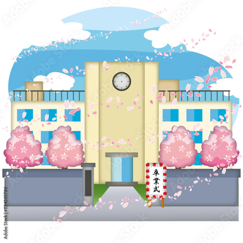 桜舞う卒業式を迎える学校イラスト