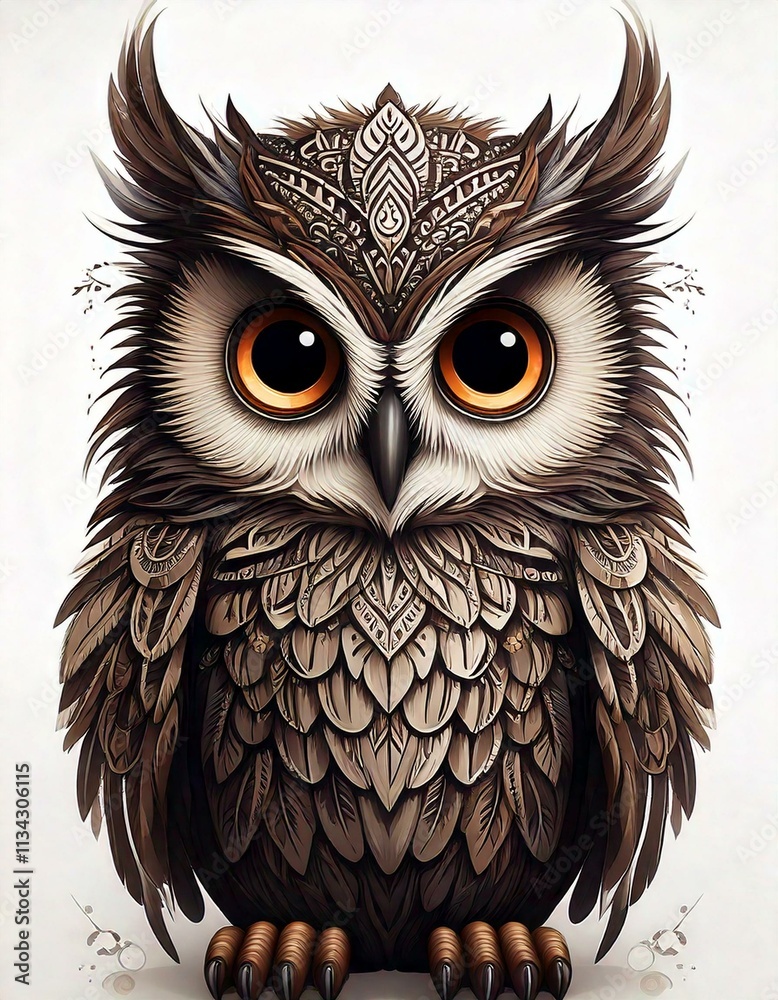 Fototapeta premium Cute Cartoon tribal Owl with feathers on a white background