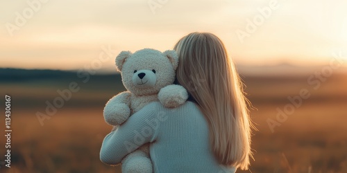 A serene scene of a young woman holding a teddy bear, gazing at a tranquil sunset over a golden field, evoking feelings of nostalgia and comfort. photo