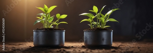 Small metal container cradles delicate seedling , microcosm, small, nursery photo