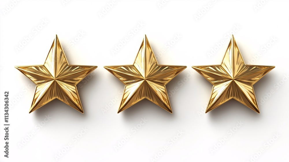 Three elegant, golden 3D stars gleaming against a soft white background. Three elegant, golden 3D stars gleaming against a soft white background.