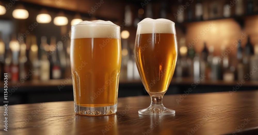 Golden beer in a stemmed glass sits on a polished bar top , pub, light Golden beer in a stemmed glass sits on a polished bar top , pub, light
