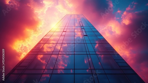 Wallpaper Mural A tall glass building reflects a vibrant sunset with colorful clouds. Torontodigital.ca