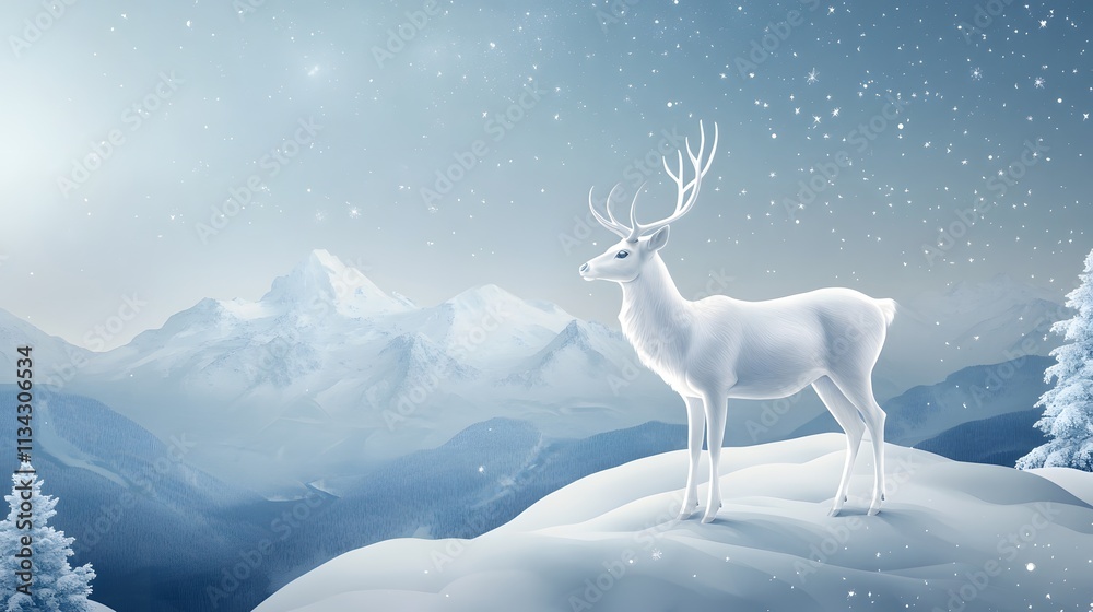 A majestic white deer with perfect antlers, on the mountain and the view of the stars in the beautiful sky A majestic white deer with perfect antlers, on the mountain and the view of the stars in the beautiful sky