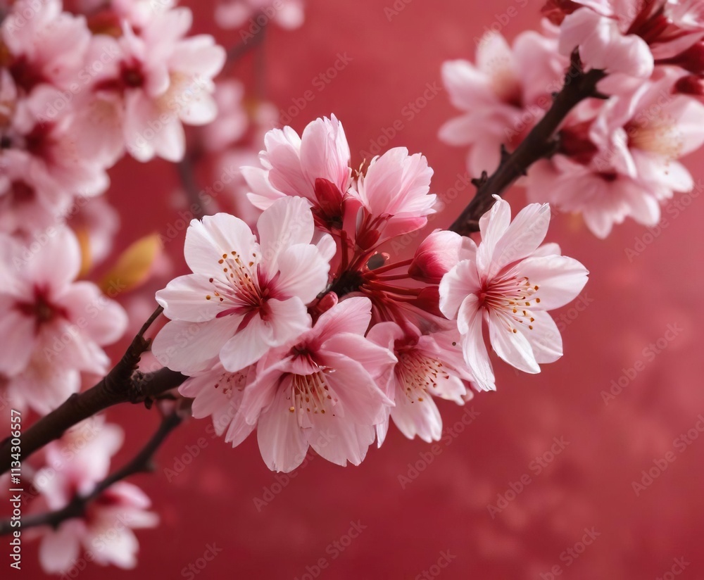 A delicate cherry blossom with pale pink petals against a vibrant red background, cherry blossom on paper, nature scenery