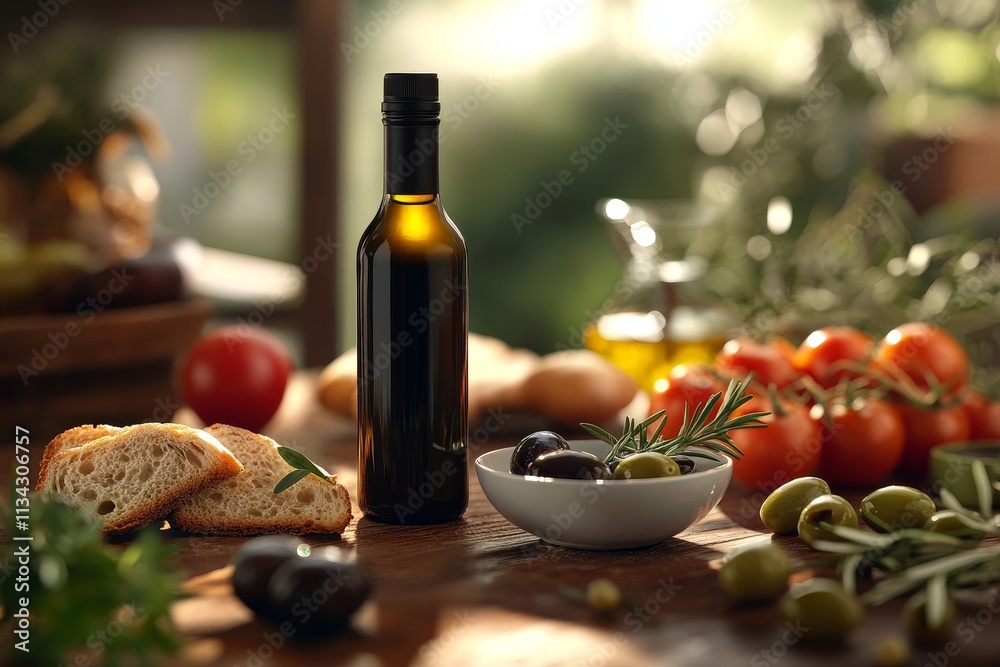 Obraz premium A bottle of olive oil surrounded by fresh bread, tomatoes, and olives, showcasing authentic Mediterranean culinary elements.