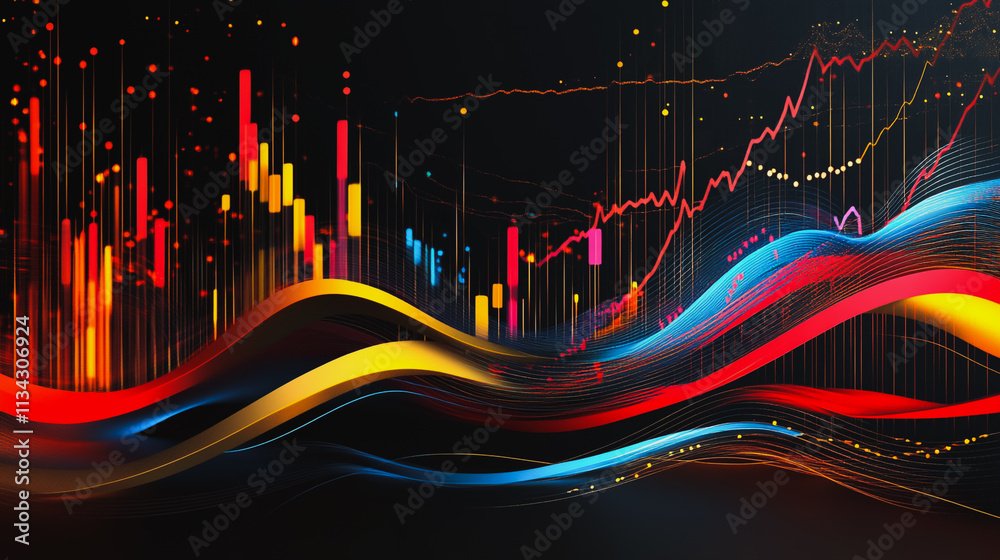 Abstract black background with Colorful charts and graphs with statistics to innovative analyze business potential and forecast future development of companies growth Abstract black background with Colorful charts and graphs with statistics to innovative analyze business potential and forecast future development of companies growth