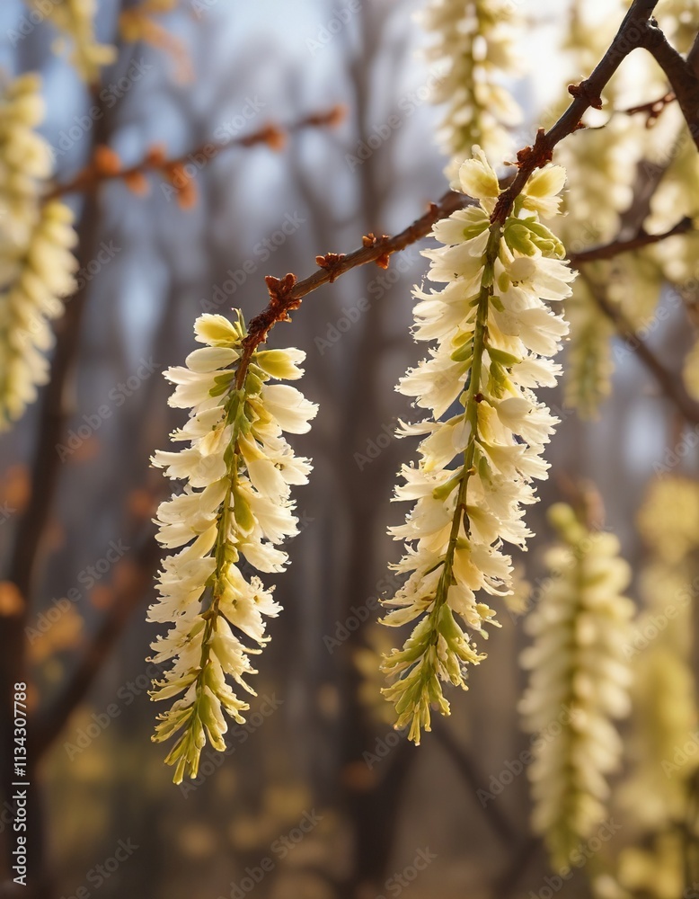 blooming catkins on a branch in the warm sunlight of early spring , vibrant colors, spring blooming catkins on a branch in the warm sunlight of early spring , vibrant colors, spring