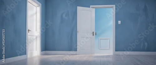 An unassuming white door with a slight creak against a radiant blue backdrop, gentle movement, understated elegance, subtle texture