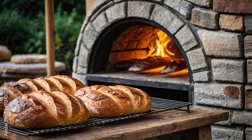Artisan bread baking in a traditional outdoor wood-fired oven during a serene evening in a rustic setting