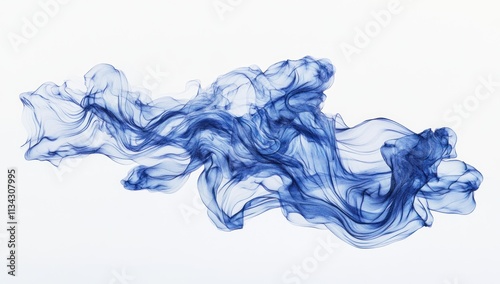 Blue smoke swirls abstractly against a white backdrop.