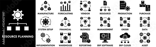 Enterprise Resource Planning icon collection set. Containing design enterprise, crm, management, software, system