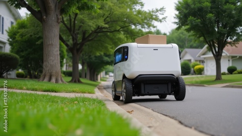 Delivery robot on a residential street, driving to deliver a package, suburban setting, trees and houses in the background