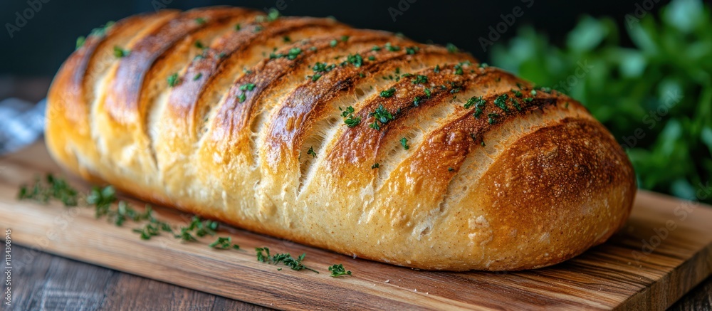 Crusty artisan loaf of bread with herbs, on a wooden board. Crusty artisan loaf of bread with herbs, on a wooden board.