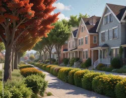 row of houses with trees and bushes in front of them, landscape, houses photo