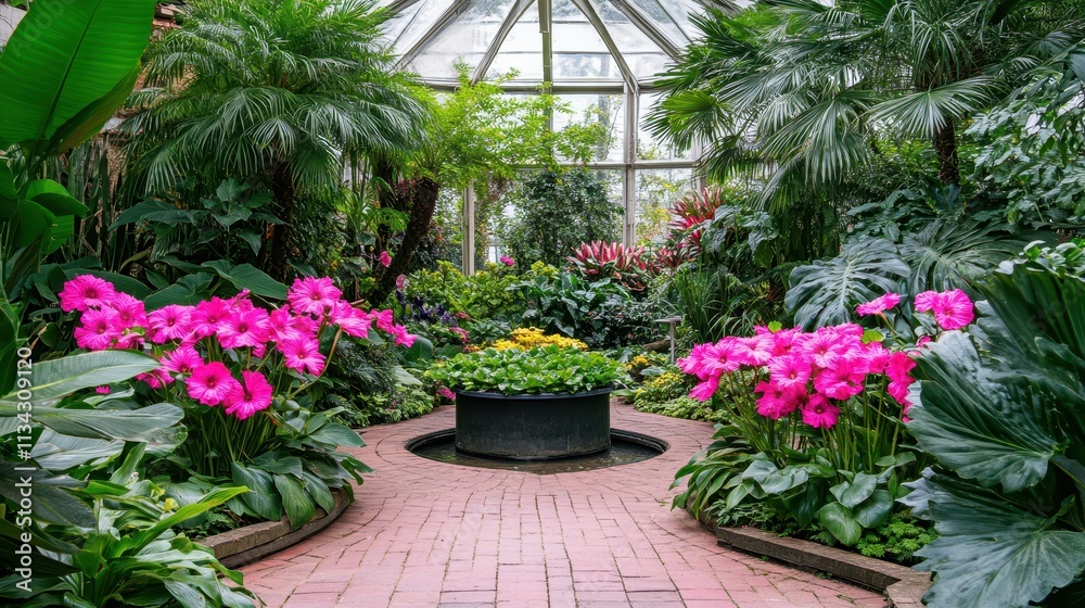 Vibrant tropical conservatory garden with pink flowers and lush greenery. Pathway leads through the center of the space. Vibrant tropical conservatory garden with pink flowers and lush greenery. Pathway leads through the center of the space.