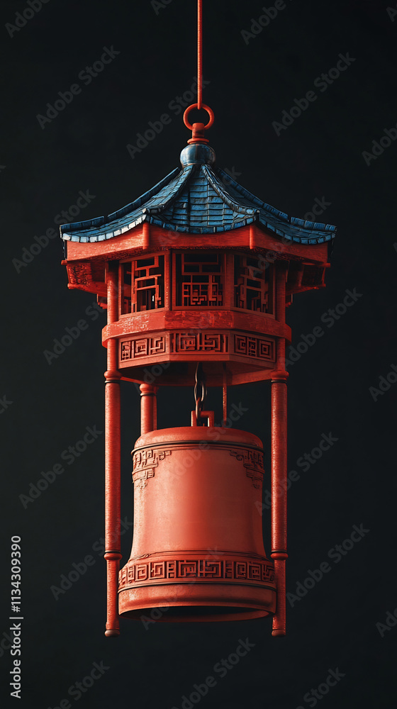Obraz premium Surreal 3D Rendering of a Chinese New Year with Hanging Bell and Building