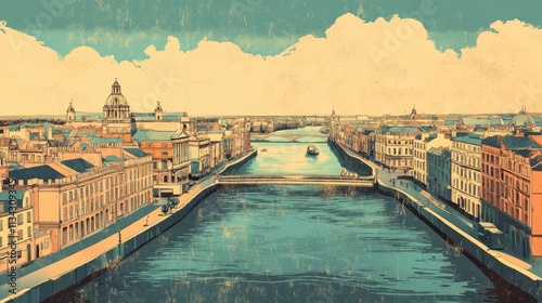 Vintage style view of Dublin Ireland with Liffey river illustration photo