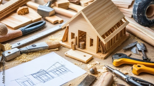 Wooden house model surrounded by carpentry tools and blueprint.