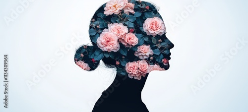 Floral silhouette portrait of a woman artistic photography studio setting minimalist background creative concept photo