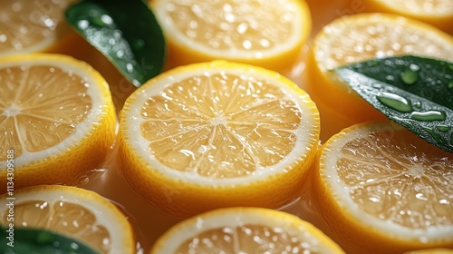 Fresh Lemon Slices with Bright Yellow Color in Water Surrounded by Green Leaves, Perfect for Culinary and Refreshment Themes in Bright, Vibrant Settings photo