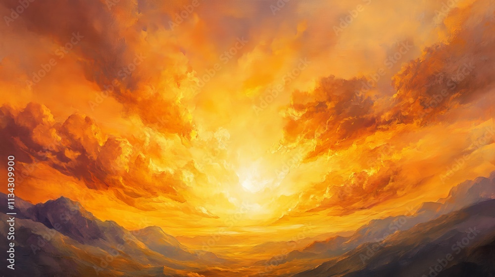 Fiery sunset over majestic, shadowed mountains. Fiery sunset over majestic, shadowed mountains.
