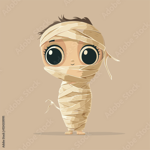 Cartoon mummy character wrapped in beige bandages, smiling.