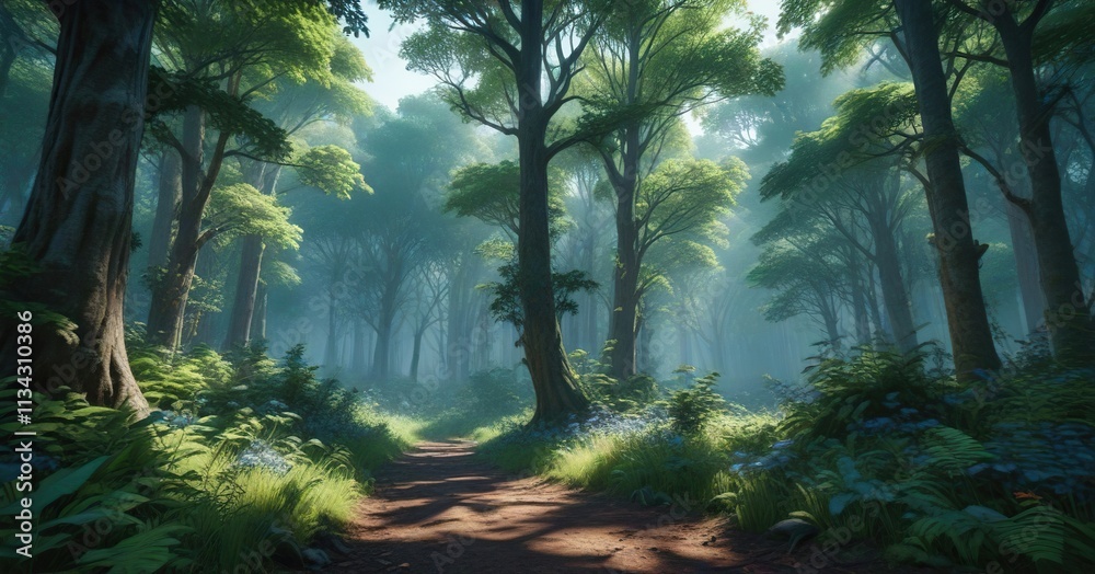 Dense foliage in blue forest with towering trees and lush greenery, overgrown vegetation, woodland atmosphere