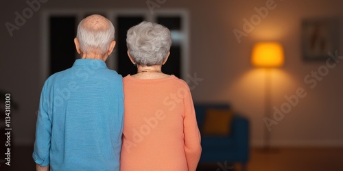 A heartwarming scene of an elderly couple standing together, showcasing their companionship in a cozy, softly lit room. photo