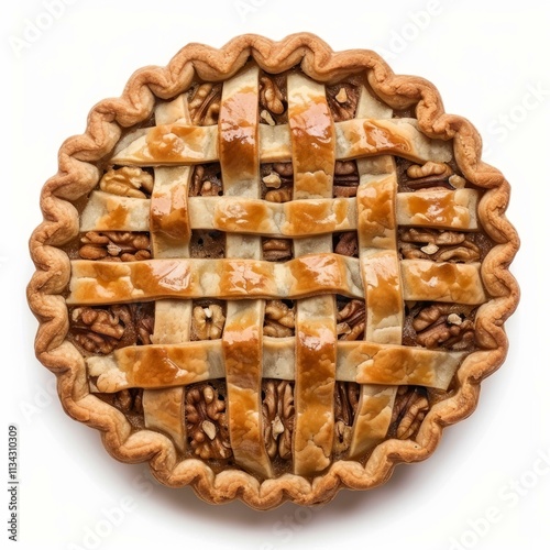 Delicious homemade pecan pie showing golden brown crust and lattice top on white background