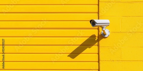 A surveillance camera mounted on a bright yellow wall, enhancing security measures. photo