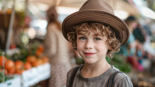 Little boy smiling at farmer market

