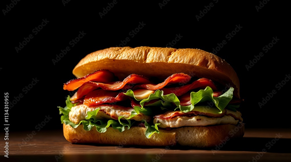 Delicious Chicken Bacon Sandwich On A Wooden Table Delicious Chicken Bacon Sandwich On A Wooden Table