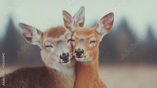 Two deer snuggle closely together, showcasing affection and connection in a soft, natural setting. photo