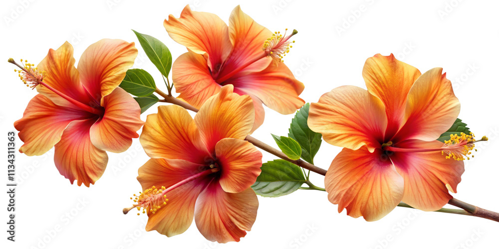 Fototapeta premium Hibiscus Branch with Orange Gradient Petals, Transparent Background. Perfect for: Hawaiian festivals, tropical resorts, summer celebrations
