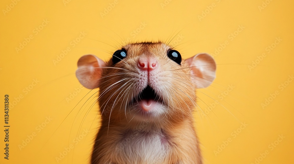 Surprised Rodent with Oversized Eyes on Vibrant Yellow Background Surprised Rodent with Oversized Eyes on Vibrant Yellow Background