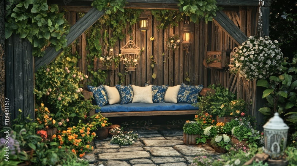 Obraz premium Serene garden nook with wooden bench, lush plants, and soft lighting.