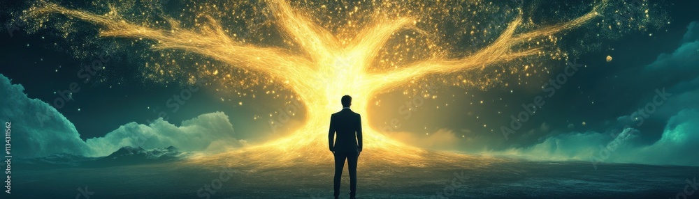 Fototapeta premium Man in suit, glowing tree, night; awe.