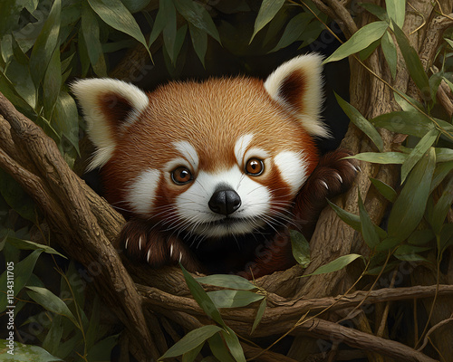 red panda peeks out from nest of branches and leaves, showcasing its adorable features and playful expression photo