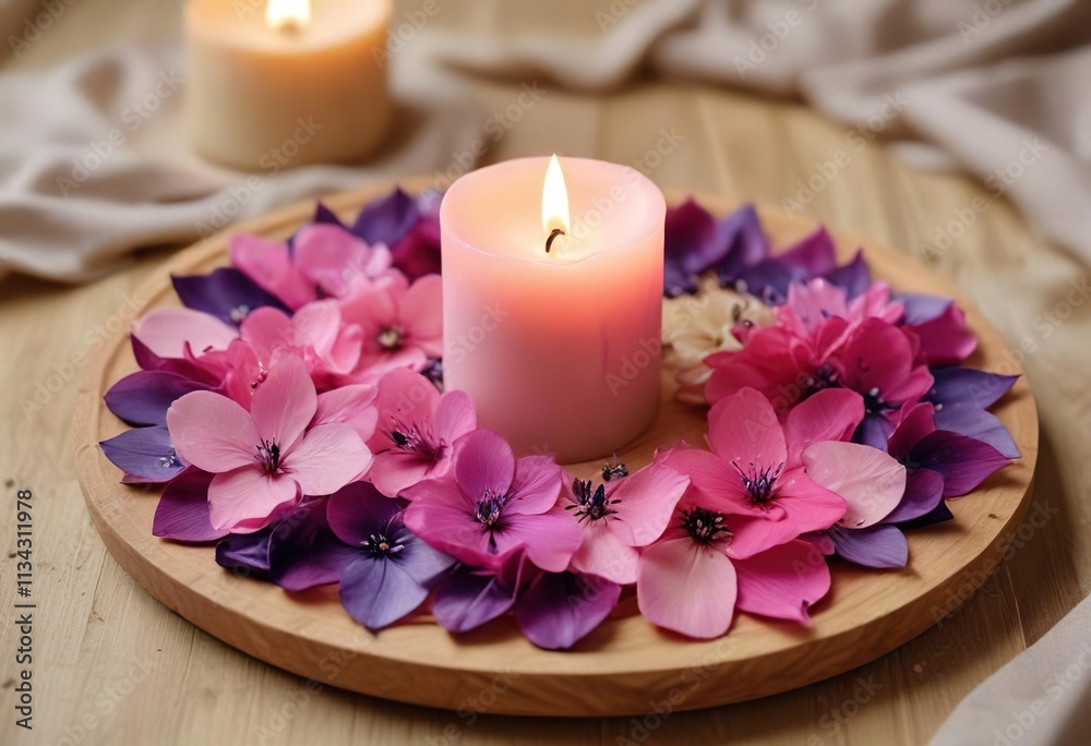 Pink and purple flower petals create a beautiful arrangement around a light beige candle that sits on a wooden plate, floral arrangements, gentle hues Pink and purple flower petals create a beautiful arrangement around a light beige candle that sits on a wooden plate, floral arrangements, gentle hues