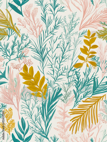 Teal  Pink   Gold Botanical Seamless Pattern