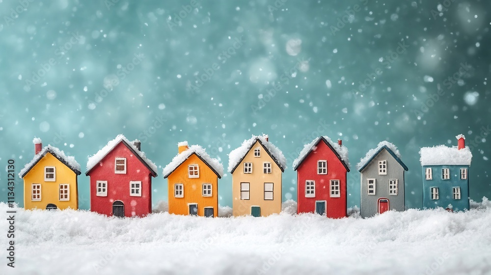 Fototapeta premium Cozy Retro Style Winter Village with Colorful Snow Covered Houses