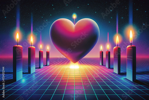 Large red heart surrounded by towering glowing candles, futuristic ambiance
