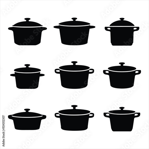 Pans and pots collection silhouette with white background