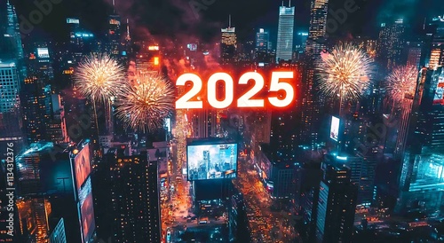 Fireworks exploding in the night sky over a bustling cityscape, with a bright 2025 in bold, glowing letters