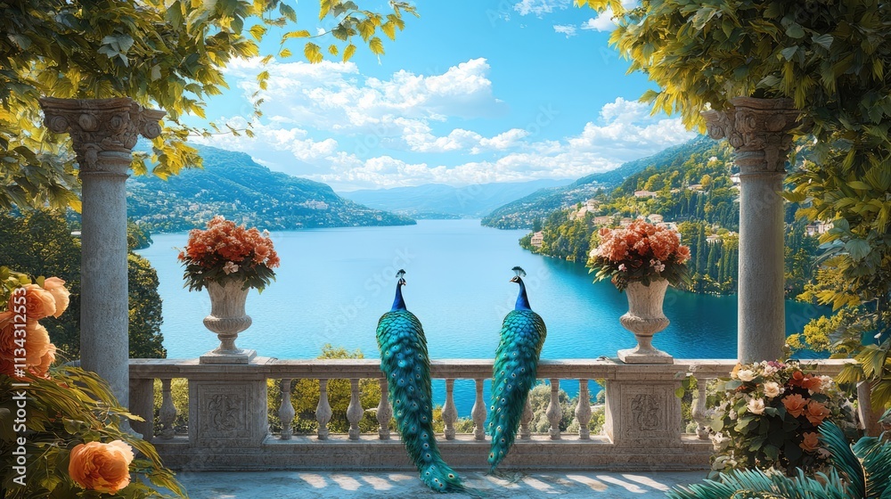 Fototapeta premium Wallpaper of french garden with peacocks, rococo style background, lake and blue sky, large balcony on which flowers sit in vases, the plants around it form an archway to give a romantic feel