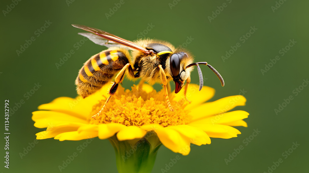 wasp perched on vibrant marigold bloom, showcasing its intricate details wasp perched on vibrant marigold bloom, showcasing its intricate details