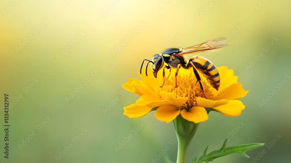 wasp hovering over vibrant marigold bloom, showcasing nature beauty wasp hovering over vibrant marigold bloom, showcasing nature beauty
