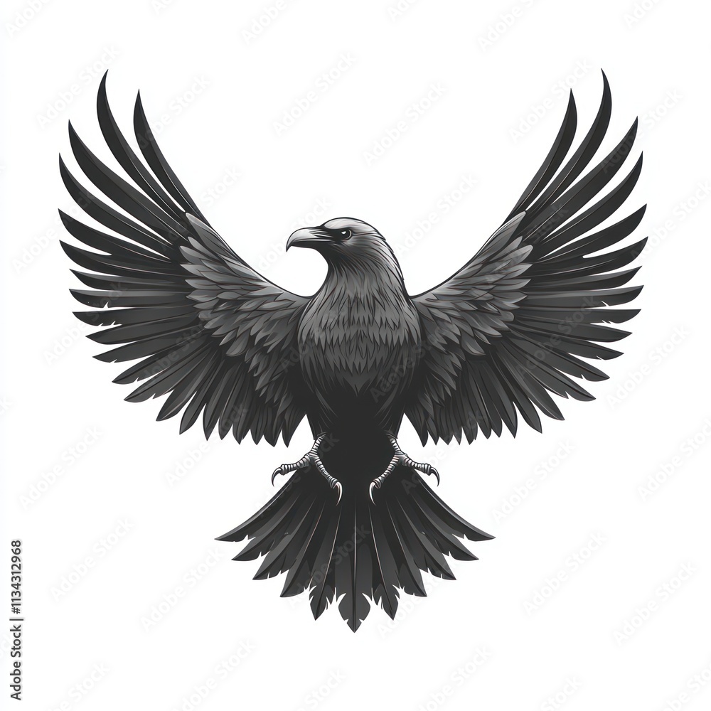 Obraz premium Majestic black raven with wings spread wide, isolated on white background.
